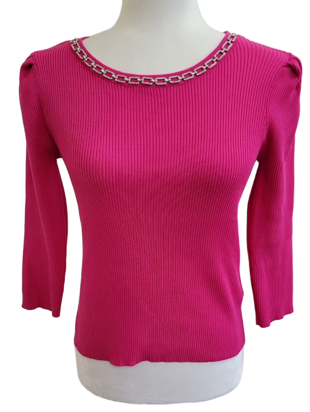 Nanette Lepore Fuchsia Rose Pink Ribbed Chain-Trim Knit Top Size Small EUC